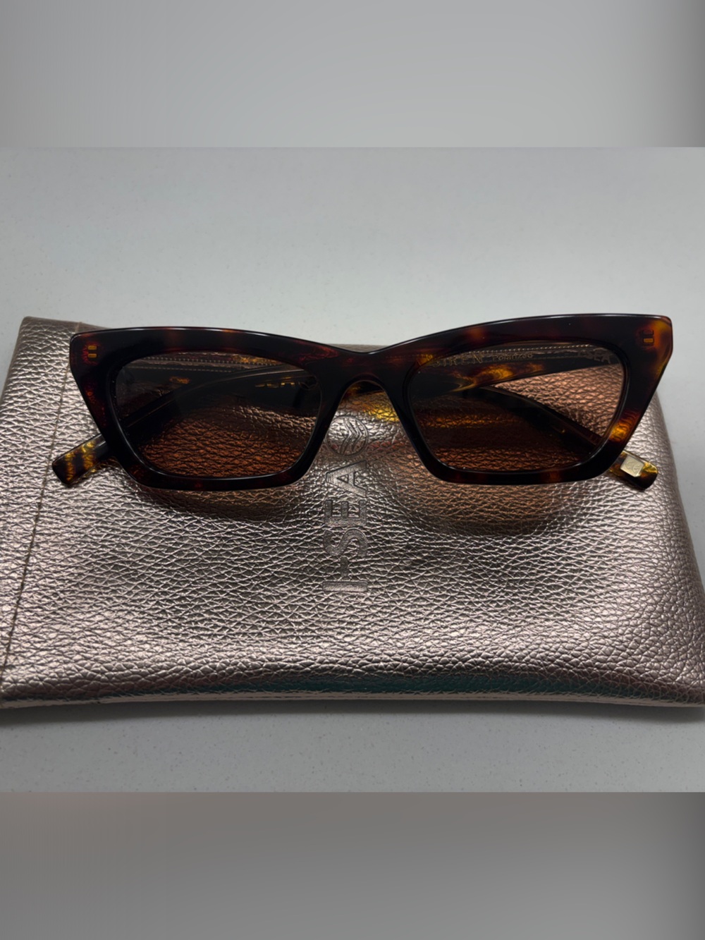 Tortoiseshell Rectangle Sunglasses with Metallic Pouch
